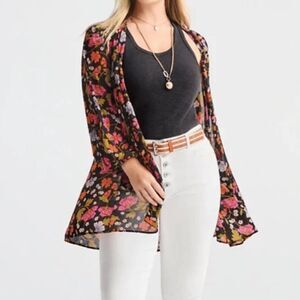 CAbi Women Mingle Kimono Duster Coverup Mesh Floral Tie Belt Black U0026 small!